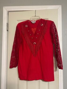 🇺🇸$6–8-10-15 Sale🥧 Sassa Red Western Shirt Fringe Studs, Lace & Concho